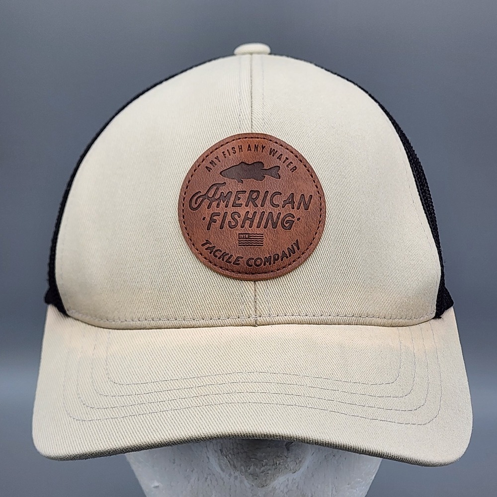 American Fishing Tackle Company Men's Snapback Mesh Back Hat Tan Black‎ Stained